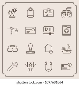 Modern, simple vector icon set with equipment, tree, apartment, style, glasses, sea, fashion, paper, stamp, object, pole, home, award, tool, wrench, field, sack, finance, removal, stationery, id icons