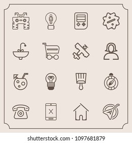 Modern, simple vector icon set with instrument, subscription, drink, folk, direction, architecture, wheel, quad, cocktail, home, paintbrush, lamp, compass, musical, creative, lightbulb, cell icons