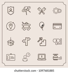 Modern, simple vector icon set with sea, web, ufo, glass, work, space, arrow, down, business, upload, equipment, downstairs, name, hour, laptop, shield, time, identification, technology, mask icons