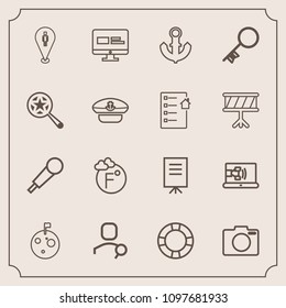 Modern, simple vector icon set with people, mic, sound, website, ring, pin, map, music, flag, photo, moon, web, presentation, lens, karaoke, inflatable, ship, business, scale, sea, temperature icons