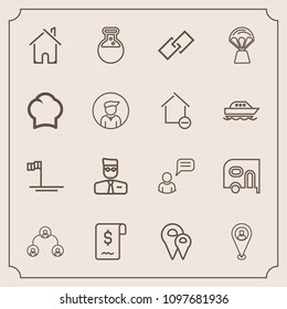 Modern, simple vector icon set with beach, home, company, map, person, transportation, laboratory, air, people, structure, building, equipment, chief, communication, hyperlink, delivery, van icons