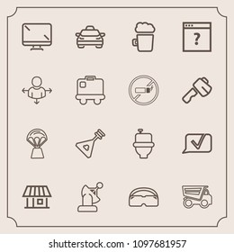 Modern, simple vector icon set with travel, restroom, musical, home, dumper, beer, satellite, air, transportation, display, technology, tipper, chat, building, balloon, sky, bar, toilet, page icons
