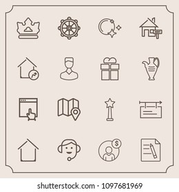 Modern, simple vector icon set with paper, ship, sign, file, internet, office, pin, call, document, travel, home, account, crown, helm, headset, estate, billboard, wheel, success, architecture icons