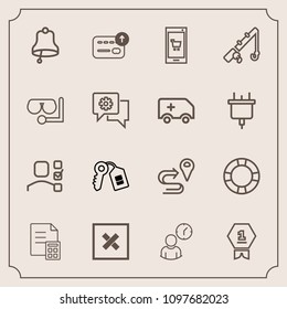 Modern, simple vector icon set with award, fishing, key, cash, money, banking, house, alarm, plan, water, road, pool, task, time, door, work, closed, location, winner, first, reel, personal, map icons
