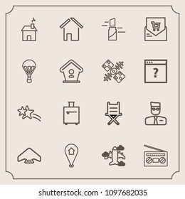 Modern, simple vector icon set with furniture, retail, house, chair, luggage, holiday, map, seat, sound, lipstick, trip, receipt, shiny, estate, beauty, bill, web, location, user, plane, account icons