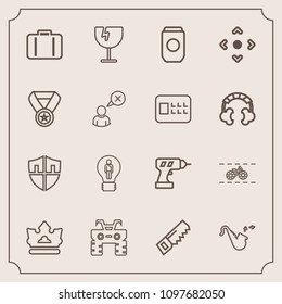 Modern, simple vector icon set with trumpet, extreme, destruction, protect, hand, musical, atv, jazz, equipment, saw, crash, bag, security, bicycle, drill, travel, construction, shield, can icons