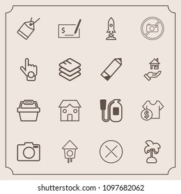 Modern, simple vector icon set with basket, rocket, palm, index, store, fire, business, shop, nature, hand, tropical, tag, sale, close, paper, craft, white, building, cost, spaceship, wooden icons