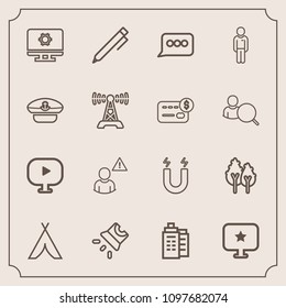 Modern, simple vector icon set with man, projector, network, setting, science, business, building, pole, chat, movie, online, male, magnetic, estate, speech, forest, computer, travel, field, pen icons
