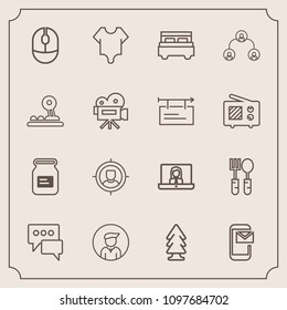 Modern, simple vector icon set with fashion, fork, aluminum, technology, landscape, spoon, email, girl, chat, bedroom, model, male, metal, internet, device, dinner, target, can, business, tree icons