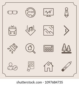 Modern, simple vector icon set with device, sun, stationery, glasses, forest, pencil, help, technology, estate, office, property, tie, call, projection, account, movie, medicine, support, real icons
