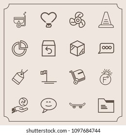 Modern, simple vector icon set with mask, fahrenheit, speech, finance, heart, baggage, paper, office, love, ocean, temperature, air, investment, electric, beach, snorkel, message, chat, board icons