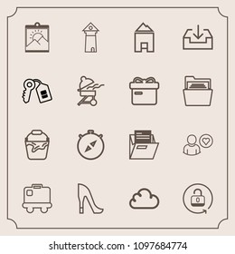 Modern, simple vector icon set with baggage, east, folder, profile, paper, tower, picture, lock, south, landmark, sign, cloud, europe, compass, luggage, house, architecture, business, security icons
