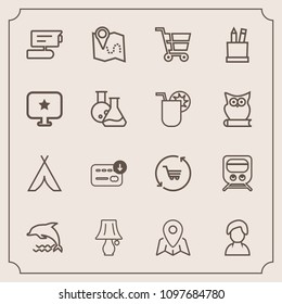 Modern, simple vector icon set with light, camera, outdoor, stationery, train, equipment, business, video, transportation, pencil, education, star, pin, location, female, record, box, travel, tv icons