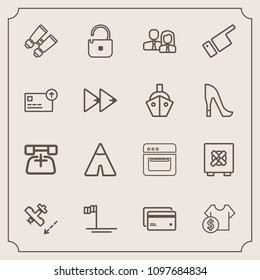 Modern, simple vector icon set with travel, camp, ocean, bank, adventure, card, sale, oven, debit, glasses, airplane, beach, people, cooking, spy, flight, telephone, kitchen, money, equipment icons