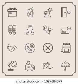 Modern, simple vector icon set with protection, stop, present, cancel, open, rucksack, no, insulating, friction, umbrella, development, circle, success, musical, leather, bag, modern, ribbon, tv icons