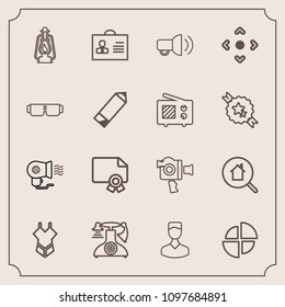 Modern, simple vector icon set with human, online, woman, diploma, profile, camera, frame, internet, film, handle, lamp, old, certificate, summer, estate, fashion, pie, white, search, swimsuit icons