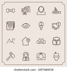 Modern, simple vector icon set with carnival, landlord, employer, toilet, microphone, holiday, service, restroom, fitness, camera, white, sport, hammer, house, festival, owner, tripod, party, wc icons