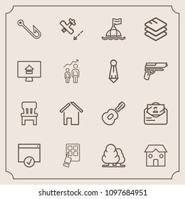 Modern, simple vector icon set with page, business, landscape, travel, device, envelope, musical, estate, comfortable, fish, music, forest, rod, construction, tree, modern, mobile, data, mail icons