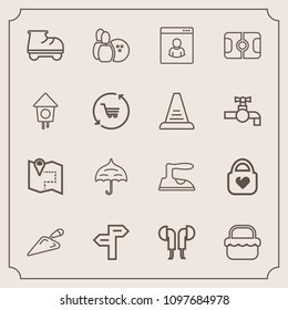 Modern, simple vector icon set with protection, ball, shovel, white, umbrella, male, leisure, open, location, music, housework, summer, game, beautiful, equipment, bowling, travel, roller, pin icons