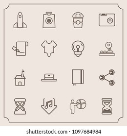 Modern, simple vector icon set with estate, page, house, shop, gift, cafe, internet, cup, notebook, clock, folder, businessman, coffee, space, head, launch, building, people, meeting, time, hat icons