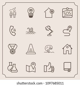 Modern, simple vector icon set with win, medicine, technology, apartment, lightbulb, white, travel, up, prize, development, equipment, location, progress, award, fish, library, sea, hand, map icons
