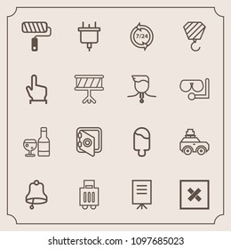 Modern, simple vector icon set with people, bank, dessert, ring, power, wine, meeting, bell, alcohol, call, technology, business, closed, sweet, food, sign, ice, travel, glass, service, help icons