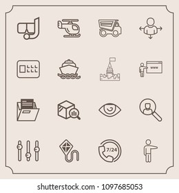 Modern, simple vector icon set with service, online, tipper, eye, truck, sea, business, folder, statistic, finance, computer, snorkel, pointing, paper, vehicle, air, file, operator, joy, white icons