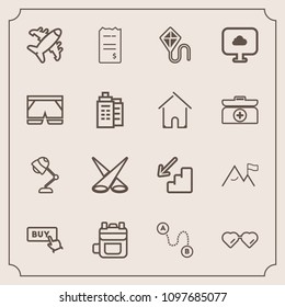 Modern, simple vector icon set with modern, map, airplane, element, buy, destination, fashion, rucksack, money, web, light, up, background, down, aircraft, glasses, nature, backpack, backdrop icons