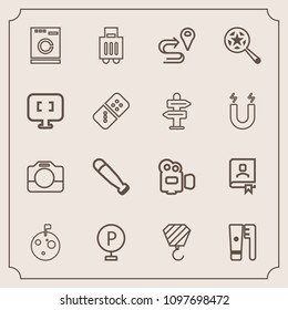 Modern, simple vector icon set with book, brush, appliance, hygiene, laundry, care, map, baggage, handle, lot, film, building, airport, car, construction, search, location, luggage, moon, bat icons
