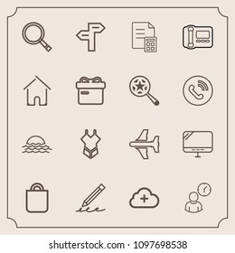 Modern, simple vector icon set with sunrise, aircraft, present, money, summer, people, landscape, finance, education, direction, airplane, laptop, plane, way, gift, celebration, pencil, business icons