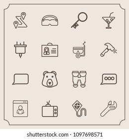Modern, simple vector icon set with screen, optical, nature, tool, wild, spanner, tv, road, equipment, video, technology, summer, view, key, sky, grizzly, television, glasses, chat, wrench, fun icons