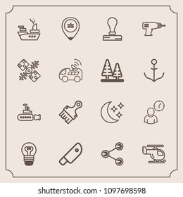Modern, simple vector icon set with war, electricity, stationery, job, air, social, star, helicopter, hour, kitchen, transportation, undersea, marine, food, transport, lightbulb, drill, business icons