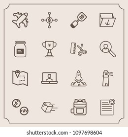 Modern, simple vector icon set with lighthouse, modern, shipment, currency, dollar, package, estate, plane, backpack, cash, house, technology, communication, airplane, leather, science, rucksack icons