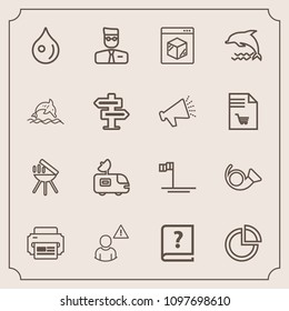 Modern, simple vector icon set with musical, old, pie, internet, presentation, baja, liquid, chart, graph, van, account, paper, book, profile, water, television, user, graphic, tv, pen, printer icons