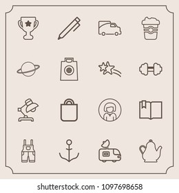 Modern, simple vector icon set with ship, achievement, face, pen, bag, nautical, book, van, tv, interior, kettle, present, award, drink, uniform, celebration, wheel, open, wear, click, first icons