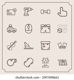 Modern, simple vector icon set with finance, music, water, skater, skate, musical, nature, hand, object, board, exercise, gym, palm, bottle, professional, clean, phone, machine, person, whistle icons