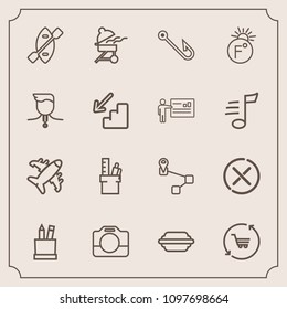 Modern, simple vector icon set with camera, barbecue, burger, equipment, cooking, location, no, stop, food, airplane, plane, oar, sign, shop, navigation, film, trolley, water, bun, business, bbq icons
