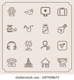 Modern, simple vector icon set with building, ancient, headphone, leaf, yacht, ocean, culture, business, cell, pharaoh, sound, envelope, boat, tropical, house, water, internet, mail, computer icons