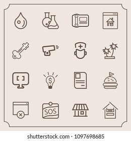 Modern, simple vector icon set with personal, online, card, real, pc, abstract, store, estate, page, laptop, water, house, laboratory, id, rain, business, office, customer, stationary, cart, sos icons