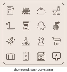 Modern, simple vector icon set with baggage, real, airport, video, luggage, cancel, shop, contract, buy, sign, space, rocket, profile, launch, subscription, ship, boat, female, sea, travel, cord icons