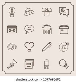 Modern, simple vector icon set with financial, space, creative, tshirt, chat, music, room, jazz, ufo, spaceship, account, tape, money, musical, bugle, hotel, finance, concept, love, mobile, ship icons