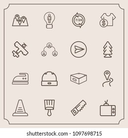Modern, simple vector icon set with hat, video, up, housework, road, sale, navigation, technology, cost, clothes, paint, support, ironing, paintbrush, step, location, screen, price, television icons