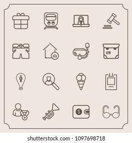 Modern, simple vector icon set with gift, computer, decoration, account, communication, call, map, transport, pin, video, internet, food, technology, cash, sun, finance, train, musical, fashion icons