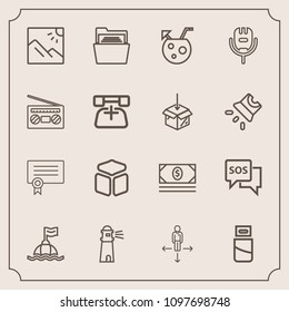 Modern, simple vector icon set with photography, usb, success, light, photo, safety, life, technology, danger, file, paper, help, landscape, sos, direction, sea, blank, cable, cash, water, money icons