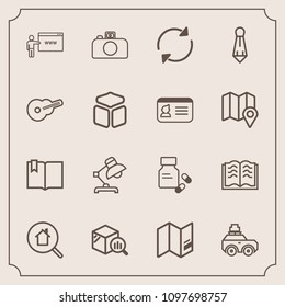 Modern, simple vector icon set with lamp, travel, web, internet, tie, vitamin, photography, real, book, medicine, world, education, suit, business, pharmacy, refresh, estate, trend, click, map icons