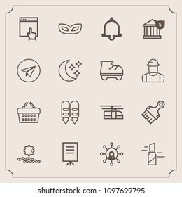 Modern, simple vector icon set with sunrise, party, paintbrush, bell, people, alert, technology, brush, businessman, lipstick, internet, landscape, alarm, meeting, sky, presentation, fashion,  icons