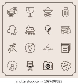Modern, simple vector icon set with microphone, library, technology, tripod, map, window, tropical, shattered, education, glass, photographer, sale, navigation, road, destruction, web, label icons