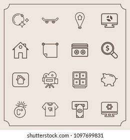 Modern, simple vector icon set with skateboard, coin, chart, machine, money, scale, retro, moon, typography, thermometer, skate, setting, pin, sky, tshirt, business, technology, travel, atm, map icons
