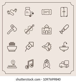 Modern, simple vector icon set with truck, jetliner, background, doctor, medicine, map, health, musical, food, tap, soup, plane, aircraft, jet, arrow, hot, lorry, holiday, entertainment, sound icons