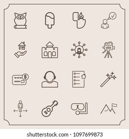 Modern, simple vector icon set with house, magic, sweet, bank, service, support, place, sign, flame, glass, bird, lighter, money, music, balance, sea, direction, real, diving, element, team, ice icons